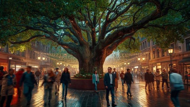 Majestic Urban Tree Illuminates Bustling Pedestrian Street