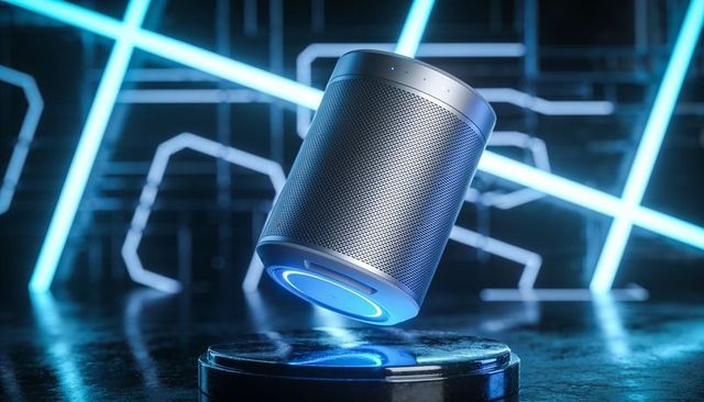 Levitating smart speaker with blue led ring and neon reflections