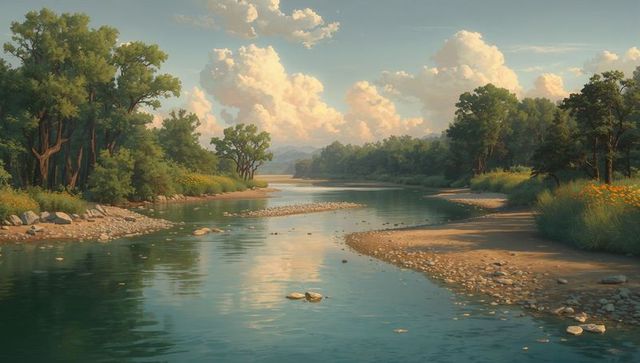 Sunlit meandering river through lush valley with sandbars, boulders and cloud reflections