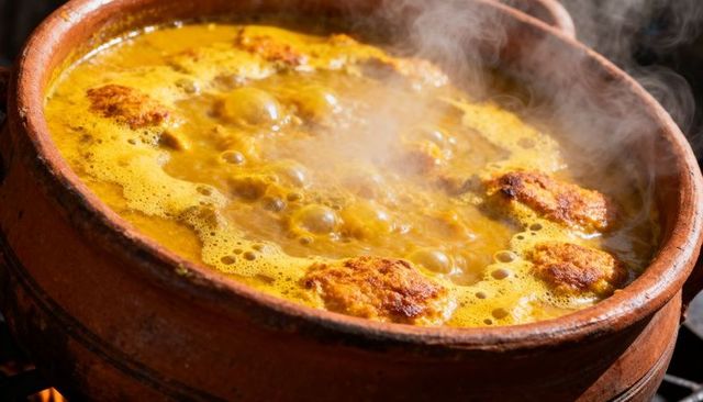 Rustic earthenware pot simmering yellow curry with browned dumplings over flame