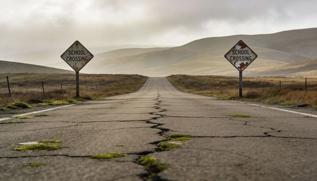 Cracked country road stretching to misty hills with rusted school crossing signs