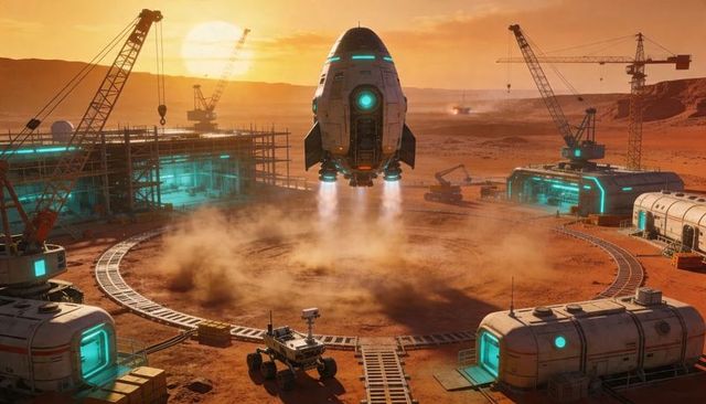 Mars shuttle hovering above circular pad at sunset with rover, habitat modules and cranes