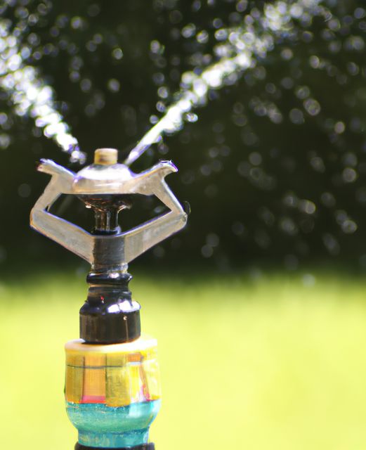 A close-up of a garden sprinkler spraying water on a lawn in bright sunlight. Ideal for illustrating topics related to outdoor activities, gardening, lawn care, and water conservation.