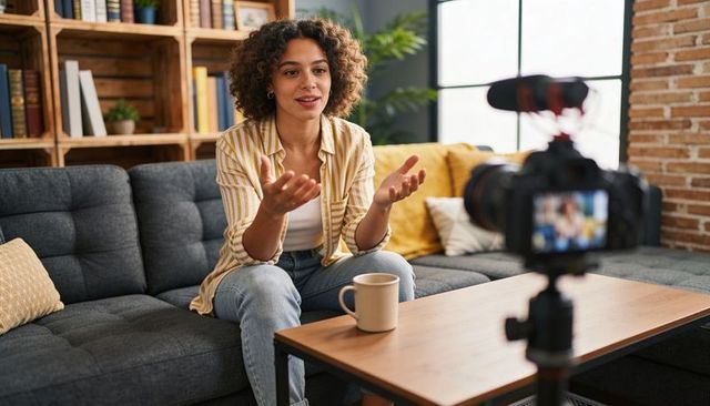 Woman vlogger recording conversational vlog on cozy sofa with camera and microphone