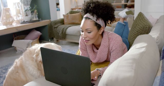 Woman Working from Home with Dog Companion on Couch - Download Free Stock Images Pikwizard.com