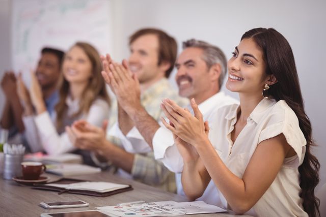 Smiling business people applauding during presentation in office