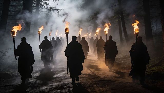 Hooded torches ritual: silhouetted procession marching through misty forest night