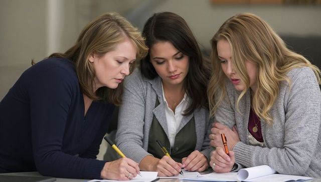 Three women collaborating on documents leaning over table writing notes reviewing plans