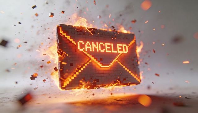 Burning pixel envelope with canceled text, glowing tiles and exploding embers