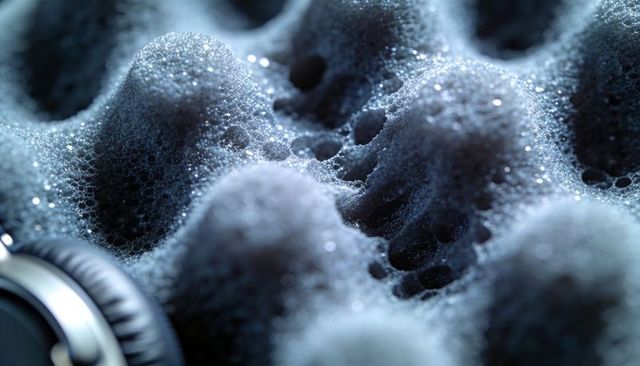 Macro sparkling acoustic foam peaks with microdroplets and porous texture beside headphone earcup