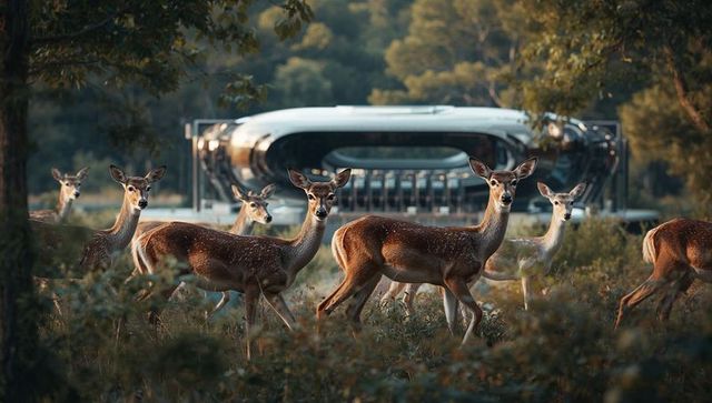 Herd of deer crossing meadow at dawn with futuristic metallic pod reflecting light