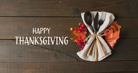 Thanksgiving Cutlery with Autumn Leaves Wooden Background - Download Free Stock Images Pikwizard.com