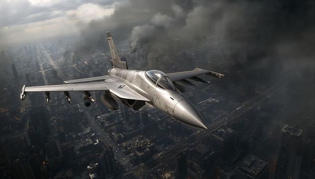 Fighter Jet Flying Over Stormy Urban Landscape