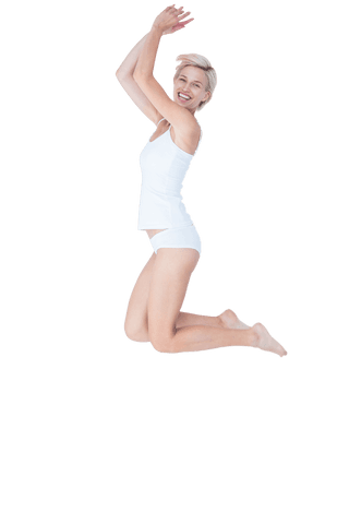 cheerful blonde woman jumping body in transparent swimwear style on white - Download Free Stock Videos Pikwizard.com