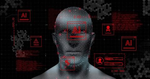 AI Threat Scanning on 3D Humanoid Head with Red Malware Alerts and Holographic UI