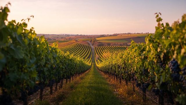 Sunlit vineyard rows leading along grassy aisle to rolling hills at golden hour