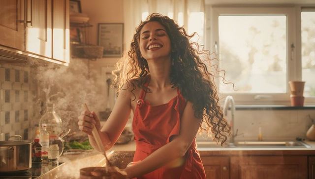 Woman Joyfully Cooking in Kitchen with Magic Hour Lighting