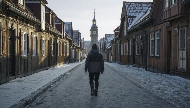 Solitary walker walking down snowy cobblestone street toward historic clock tower at golden hour