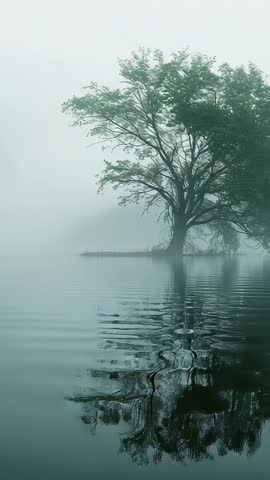 Rising Vertical Shot Revealing Solitary Tree on Misty Lake Shore with Mirror Reflection