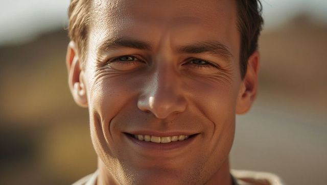 Golden hour smiling man close-up with dimples and crow's feet warm outdoor headshot