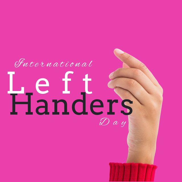 Digital composite image of cropped woman's hand with international left handers day text, copy space. Pink background, sinistrality, celebrate uniqueness and differences of left-handed individuals.