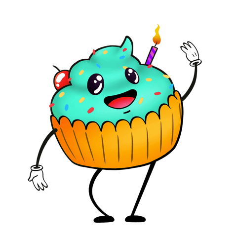 Whimsical smiling cupcake with sprinkles and candle on transparent background