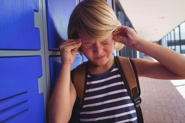 Young boy standing by school lockers, holding his head in pain, likely suffering from a headache. This image can be used in articles or materials related to childhood health issues, school stress, or educational environments. It is also suitable for illustrating topics on student well-being and mental health.