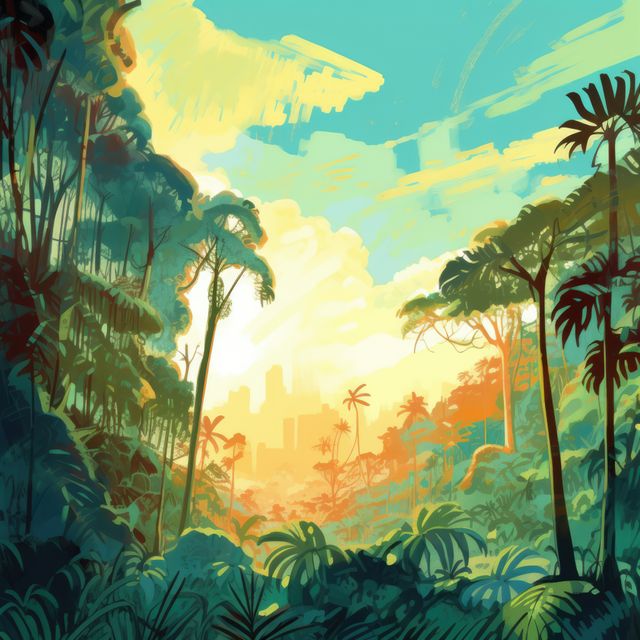 Vibrant painting depicting a lush jungle landscape under morning light, with a city skyline in the background. This image can be used for nature conservation campaigns, illustrating the contrast between urbanization and natural habitats. It is ideal for eco-friendly product advertisements, travel brochures, or as a stunning visual in environmental documentaries or educational materials.