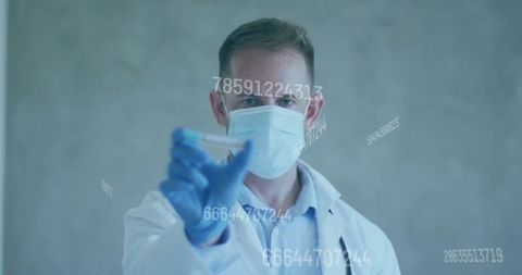 Scientist Analyzing Test Tube with Digital Numeric Overlays