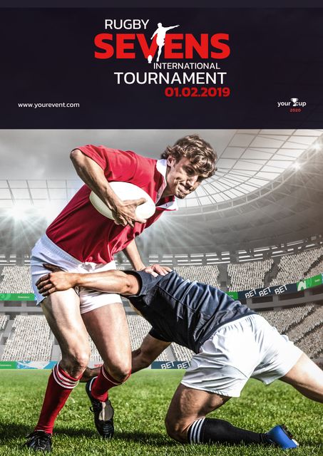 Dynamic Rugby Sevens Tournament Poster with Players and Stadium - Download Free Stock Templates Pikwizard.com