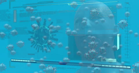 Digital Interface with Virus Cells Visualizing Pandemic Impact