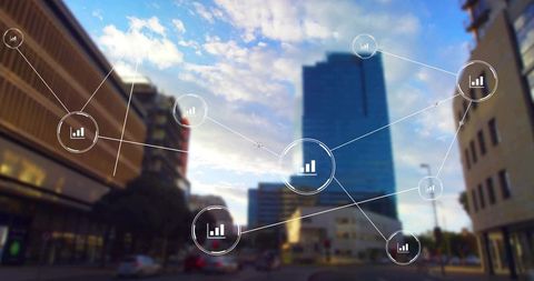 Smart city data network overlay connecting urban analytics nodes over metro streetscape