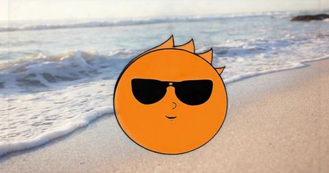 Cool cartoon sun wearing sunglasses sitting on wet sand with foamy surf and calm ocean
