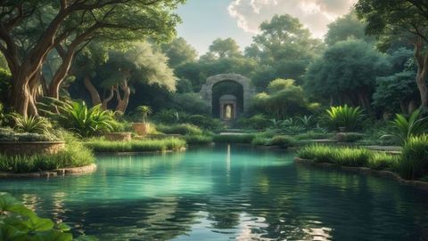 Idyllic forest pond with stone archway and lush greenery, garden of eden concept