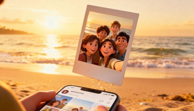 Group smiling in floating polaroid selfie over smartphone at sunset beach golden hour