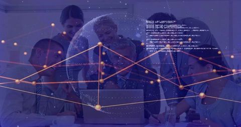Collaborating team analyzing global data visualization with holographic analytics network