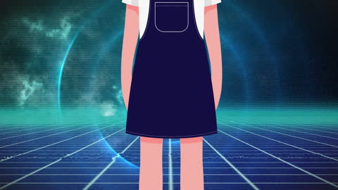 Animated Girl Facing Digital Interface with Futuristic Background