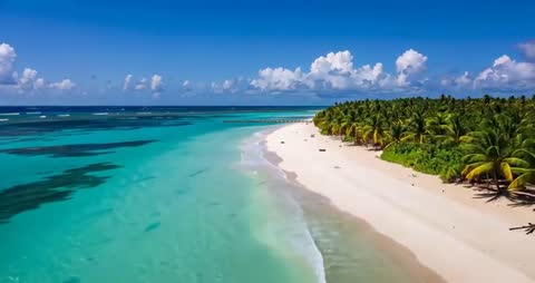 Drone Soaring Over Pristine Beach and Turquoise Ocean
