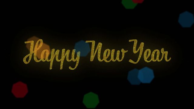 Golden 'Happy New Year' text glows on black background with scattered, colorful lens flares. Ideal for New Year's Eve cards, holiday promotions, event invitations, festive social media posts. Offers a bright, celebratory mood suitable for welcoming the new year.