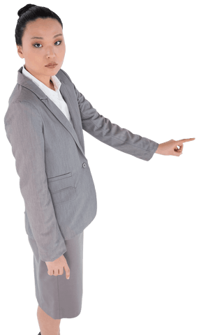 Confident Asian Businesswoman Pointing Direction on Transparent Background