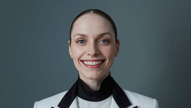 Smiling professional woman wearing white blazer with black lapels and high collar