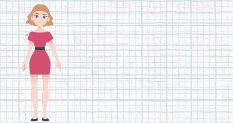Cartoon Woman in Pink Dress on Graph Paper Background with Copy Space