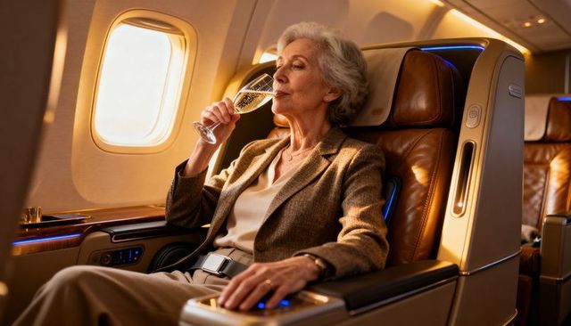 Elegant senior woman sipping champagne while relaxing in luxurious business class seat