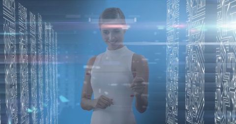 Businesswoman Using Futuristic Interactive Screen in Digital Environment