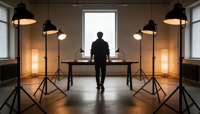 Standing silhouette in minimalist industrial loft facing central bright window among studio lamps