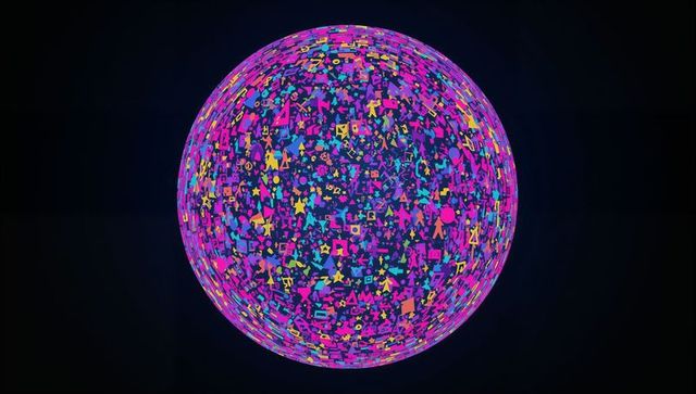 Glowing Neon Icon Sphere Visualizing Digital Network, Data Flow and Tech Connectivity