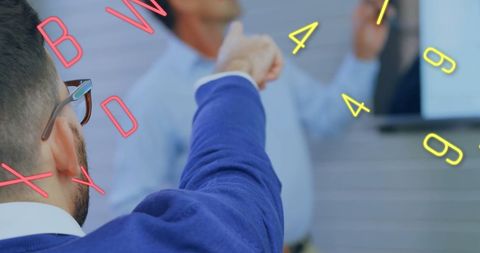 Business People Analyzing Data on Screen with Digital Overlay