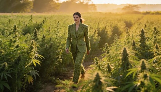 Woman walking through hemp field in green grass-textured suit backlit at golden hour