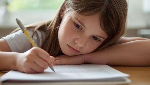 Young girl resting on arm while writing in notebook at wooden desk, studying in daylight