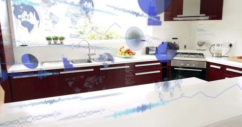 Minimalist modern kitchen with white quartz peninsula, stainless sink and ar data overlays